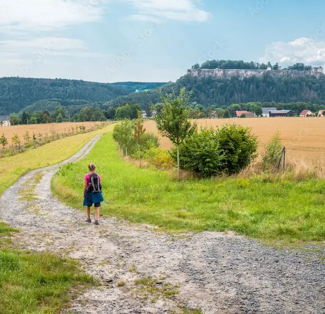 Un enfant en randonnée sur un chemin de campagne, entre les champs
