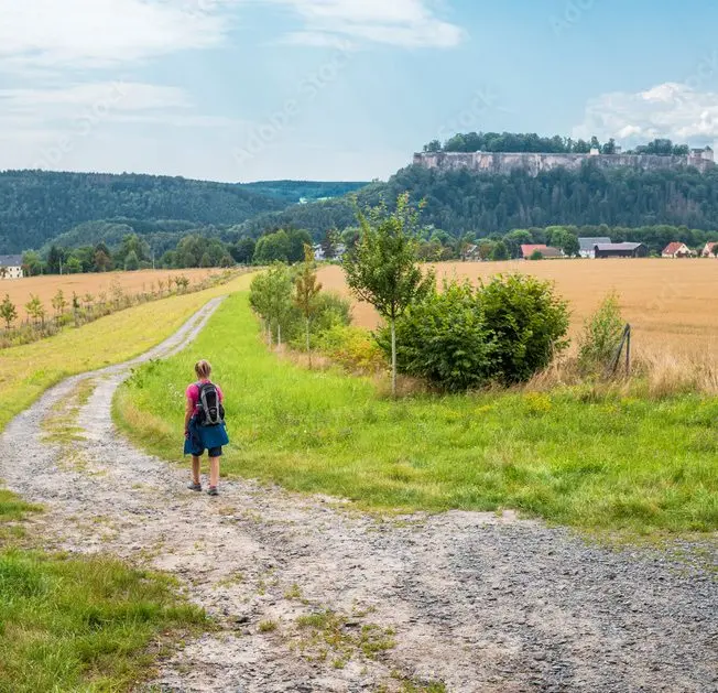 Un enfant en randonnée sur un chemin de campagne, entre les champs